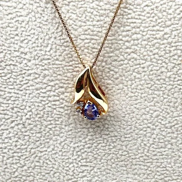 10K Yellow Gold Purple Tanzanite Diamond Pendant 18 Inch Necklace 2.6 Grams